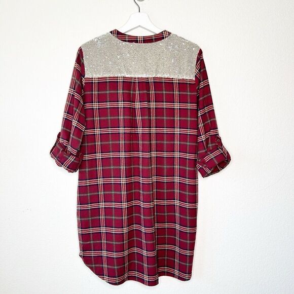 Entro Plaid Red Flannel Pocketed Roll Tab Sleeve Tunic with Sequin Trim L - Picture 8 of 12